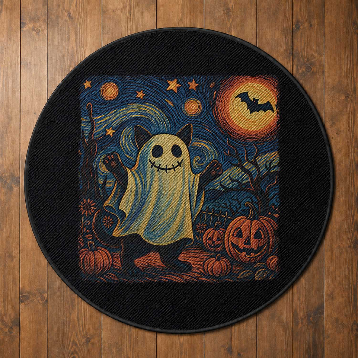 Funny Halloween Ghost Cat Round Rug Starry Night Van Gogh Cat Lover Gifts