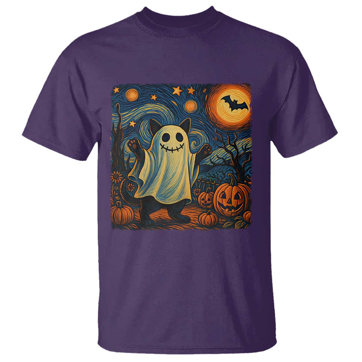 Funny Halloween Ghost Cat T Shirt Starry Night Van Gogh Cat Lover Gifts TS10 Purple Print Your Wear