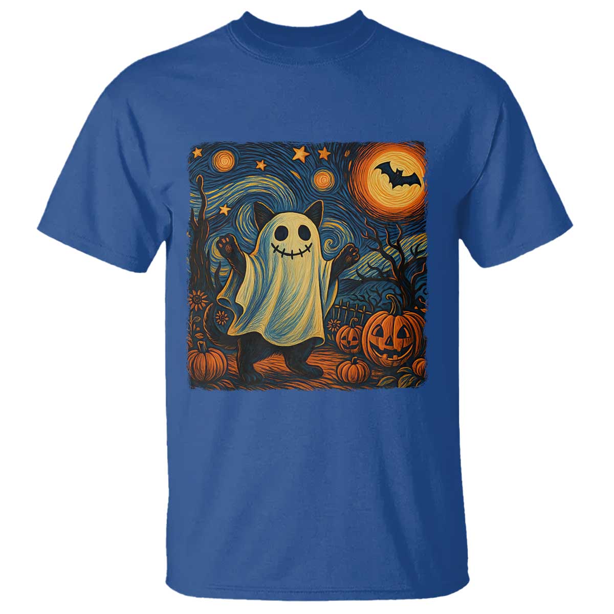 Funny Halloween Ghost Cat T Shirt Starry Night Van Gogh Cat Lover Gifts TS10 Royal Blue Print Your Wear