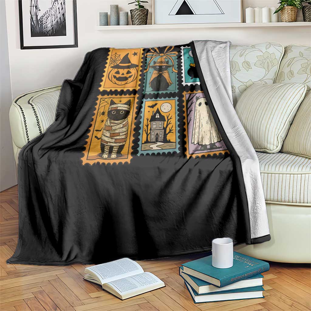 Black Cat Pumpkin Throw Blanket Retro Halloween Ghots Cat Stamp TS10 Print Your Wear