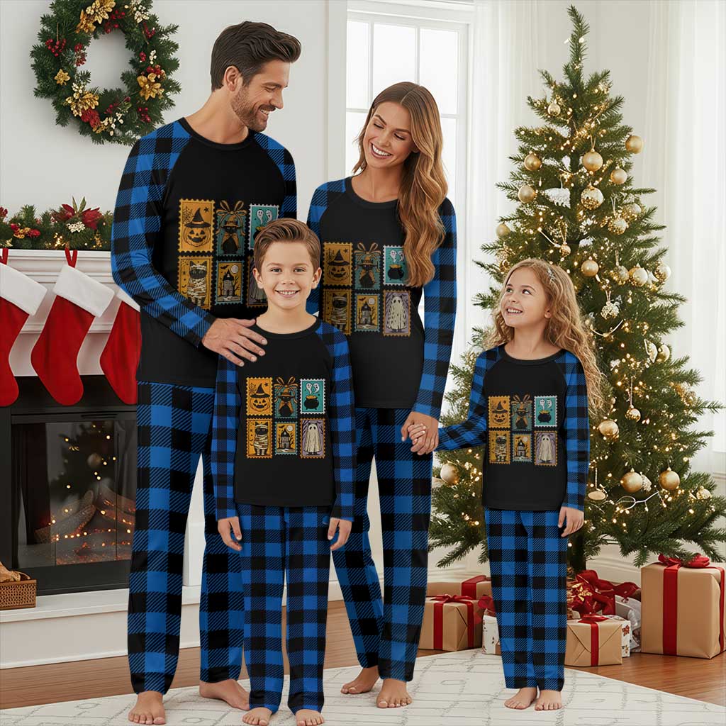 Black Cat Pumpkin Plaid Pajama Set Retro Halloween Ghots Cat Stamp TS10 Blue Plaid Print Your Wear