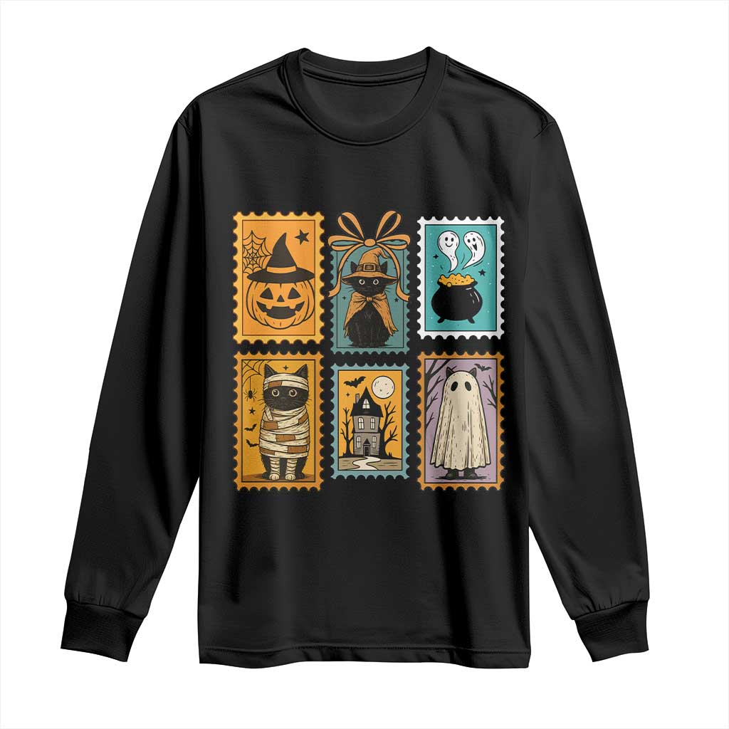 Black Cat Pumpkin Long Sleeve Shirt Retro Halloween Ghots Cat Stamp TS10 Black Print Your Wear