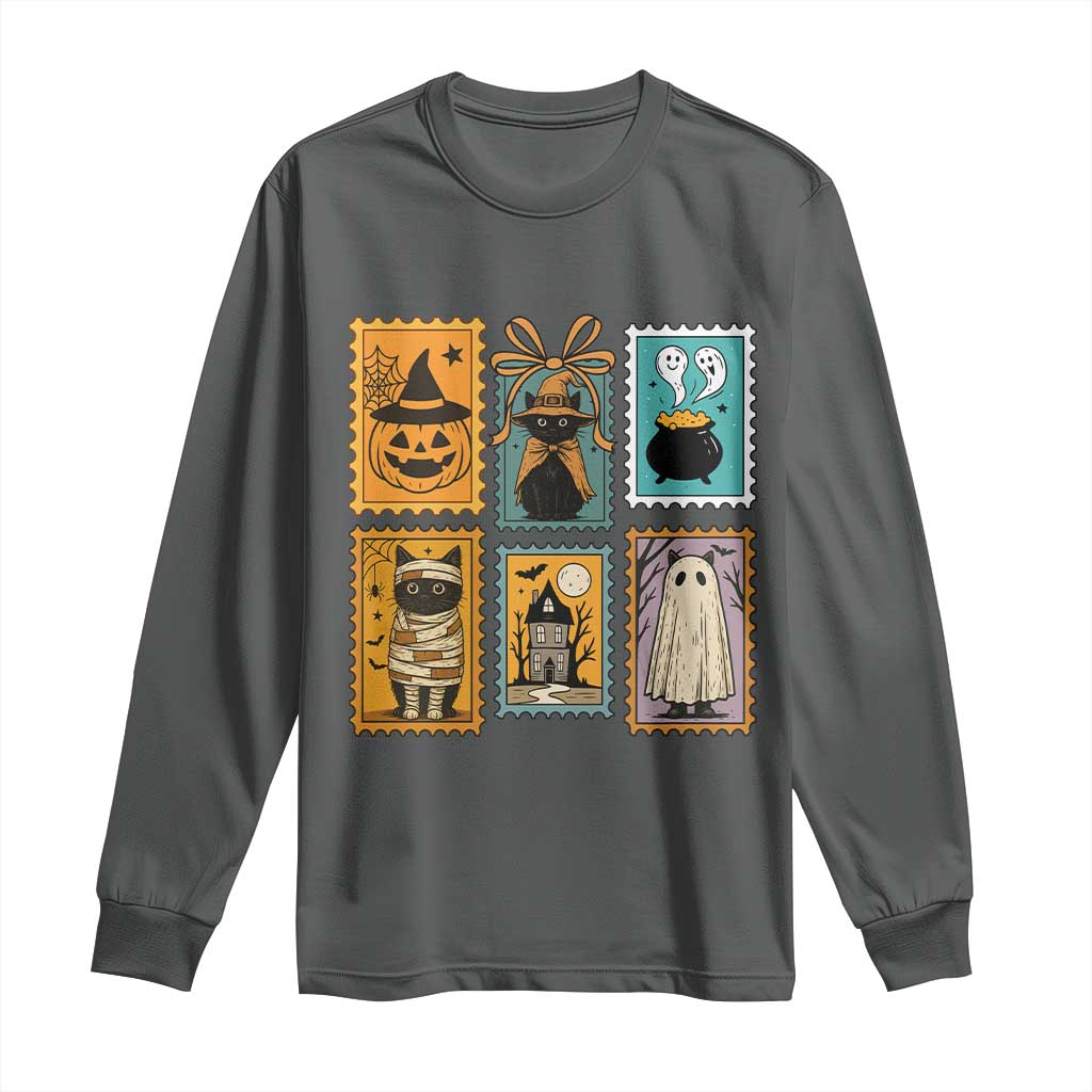 Black Cat Pumpkin Long Sleeve Shirt Retro Halloween Ghots Cat Stamp TS10 Dark Heather Print Your Wear