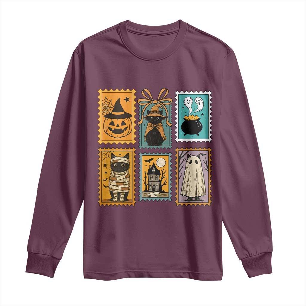 Black Cat Pumpkin Long Sleeve Shirt Retro Halloween Ghots Cat Stamp TS10 Maroon Print Your Wear