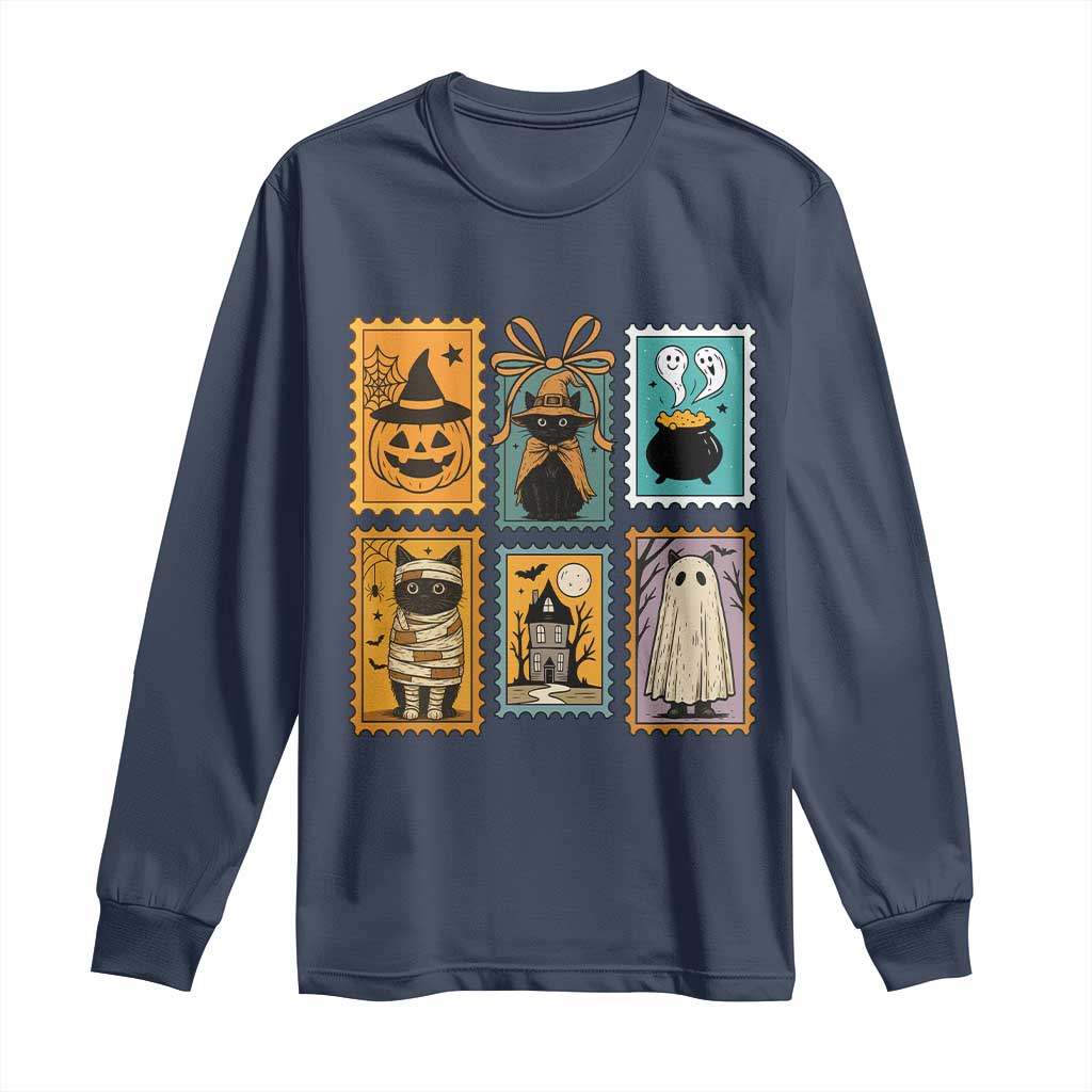 Black Cat Pumpkin Long Sleeve Shirt Retro Halloween Ghots Cat Stamp TS10 Navy Print Your Wear