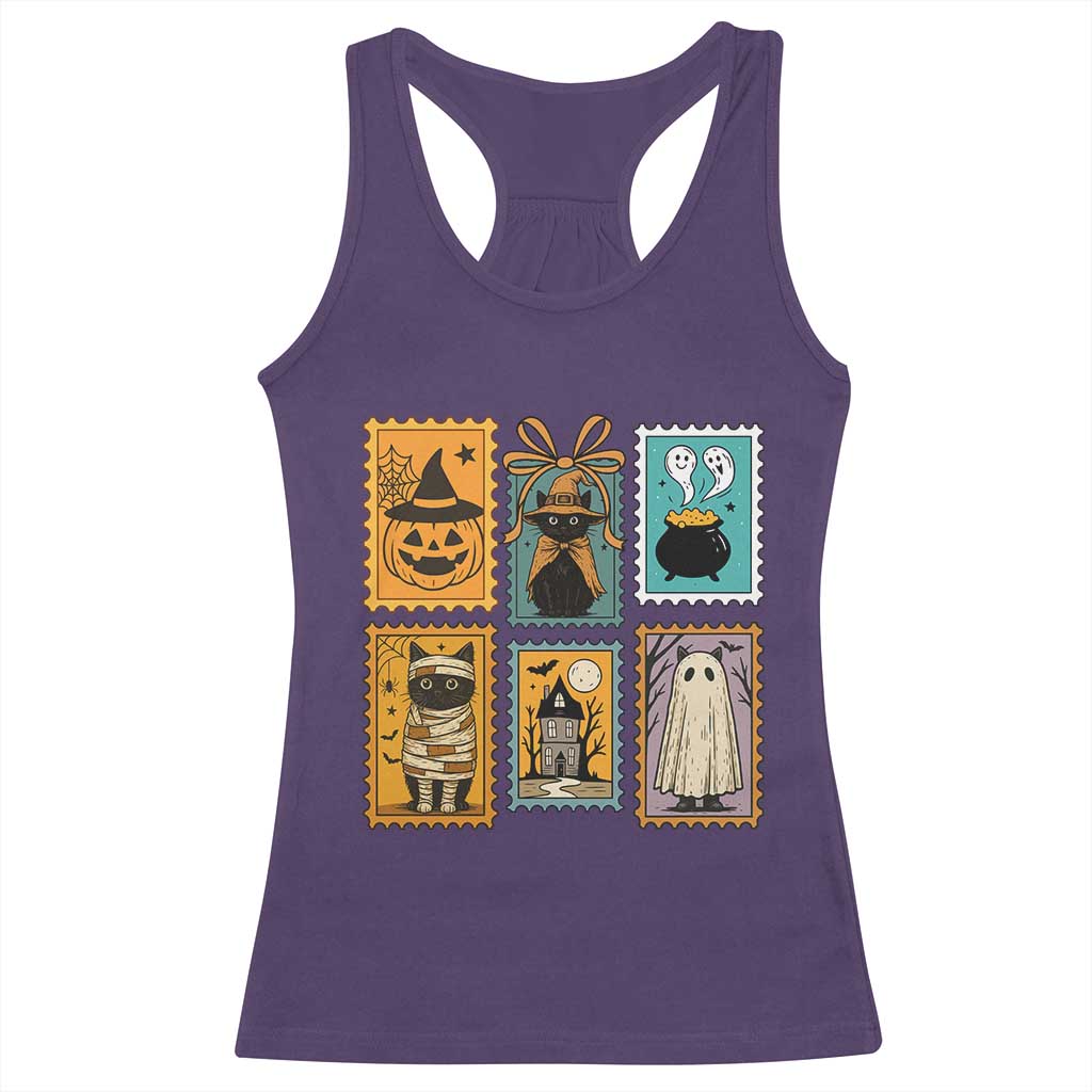 Black Cat Pumpkin Racerback Tank Top Retro Halloween Ghots Cat Stamp TS10 Purple Print Your Wear