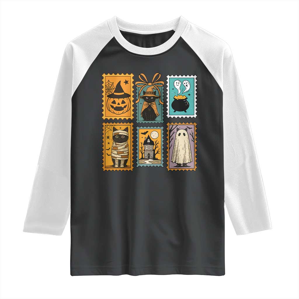 Black Cat Pumpkin Raglan Shirt Retro Halloween Ghots Cat Stamp TS10 Black White Print Your Wear