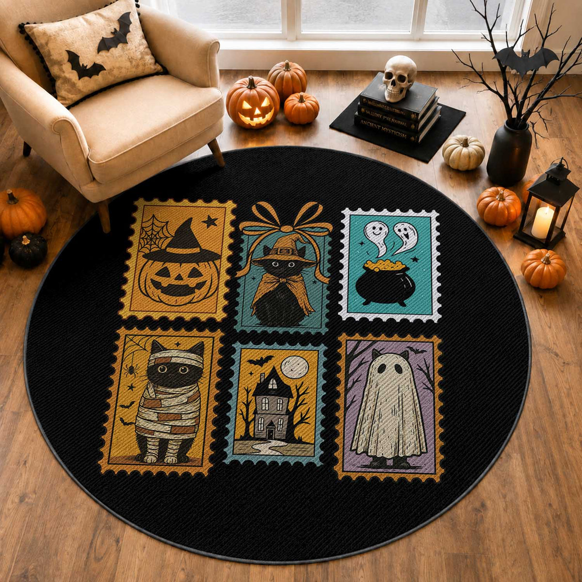 Black Cat Pumpkin Round Rug Retro Halloween Ghots Cat Stamp