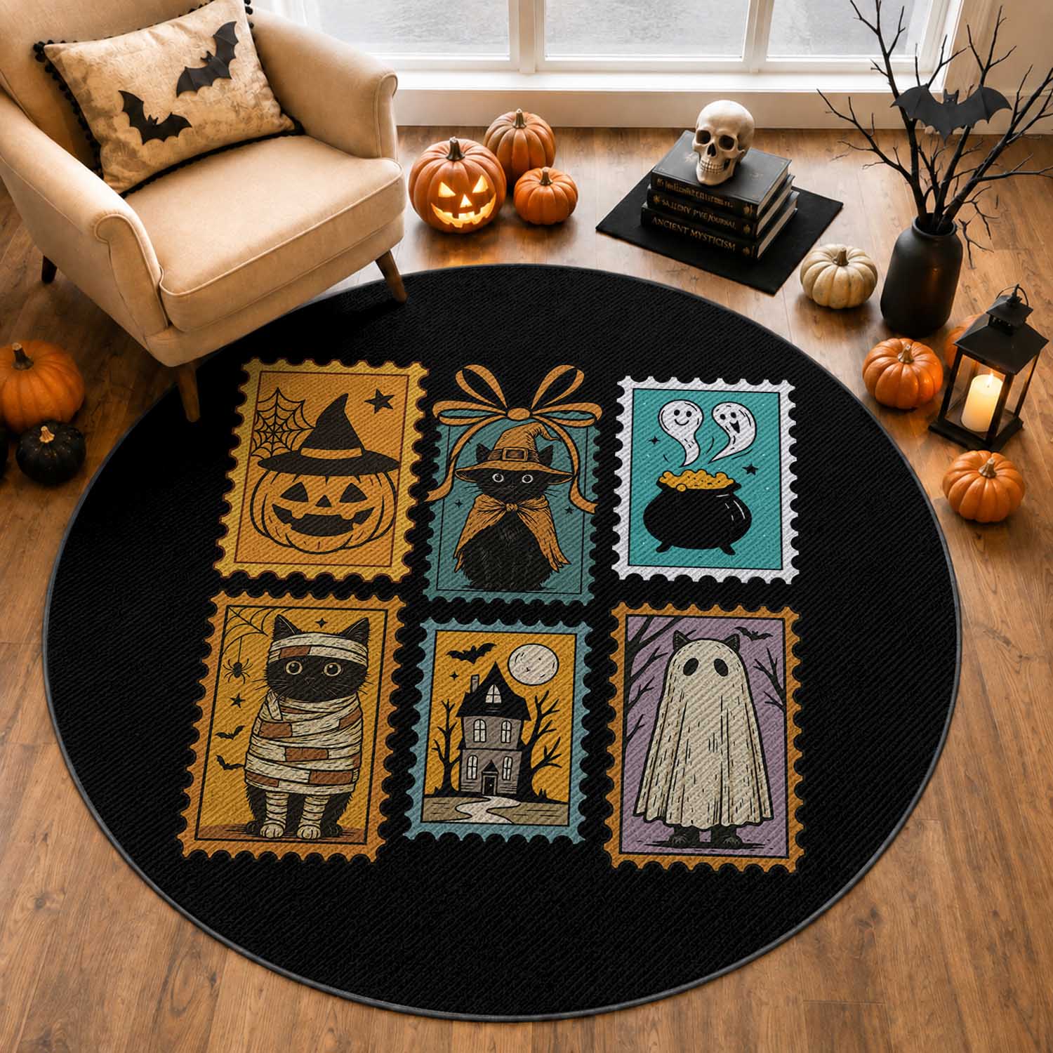 Black Cat Pumpkin Round Rug Retro Halloween Ghots Cat Stamp