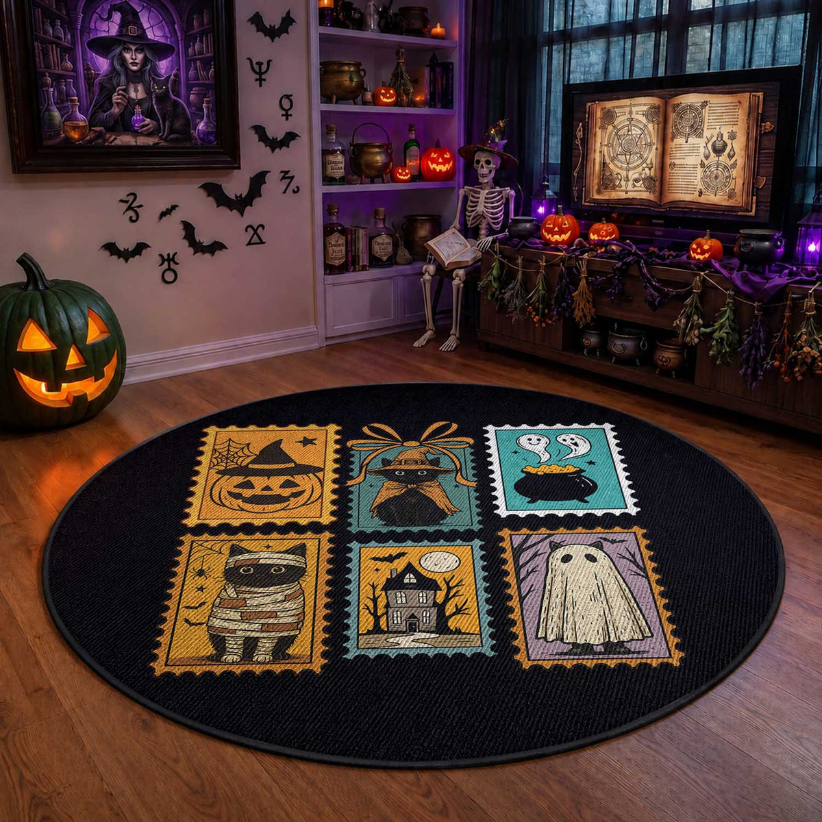 Black Cat Pumpkin Round Rug Retro Halloween Ghots Cat Stamp
