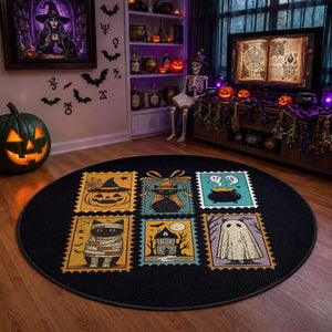 Black Cat Pumpkin Round Rug Retro Halloween Ghots Cat Stamp