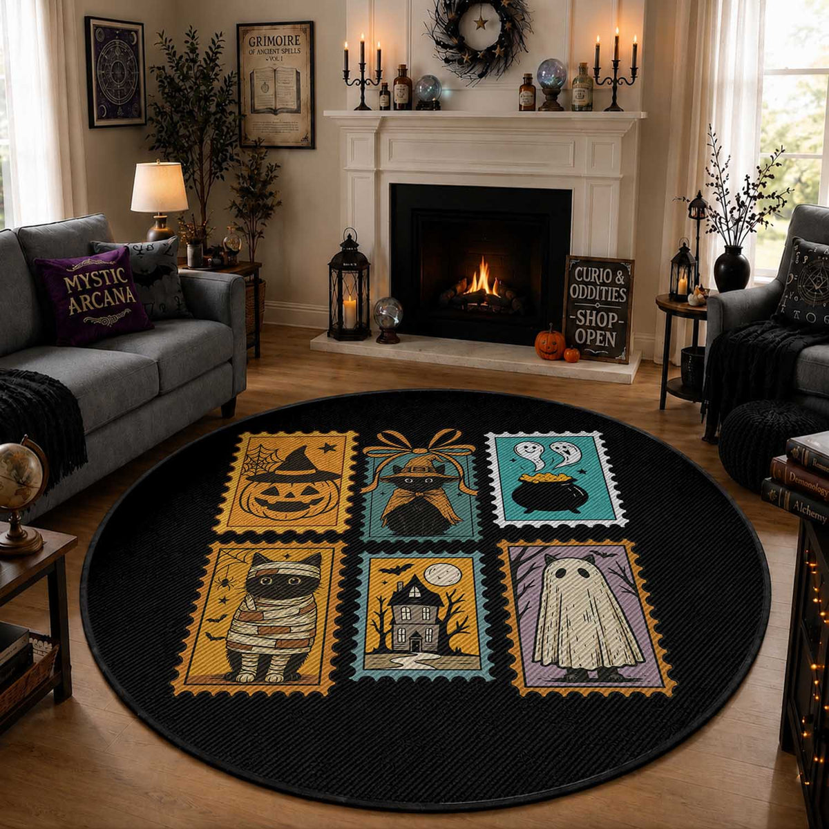 Black Cat Pumpkin Round Rug Retro Halloween Ghots Cat Stamp