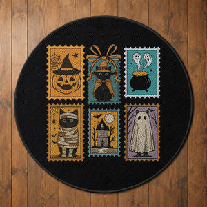 Black Cat Pumpkin Round Rug Retro Halloween Ghots Cat Stamp