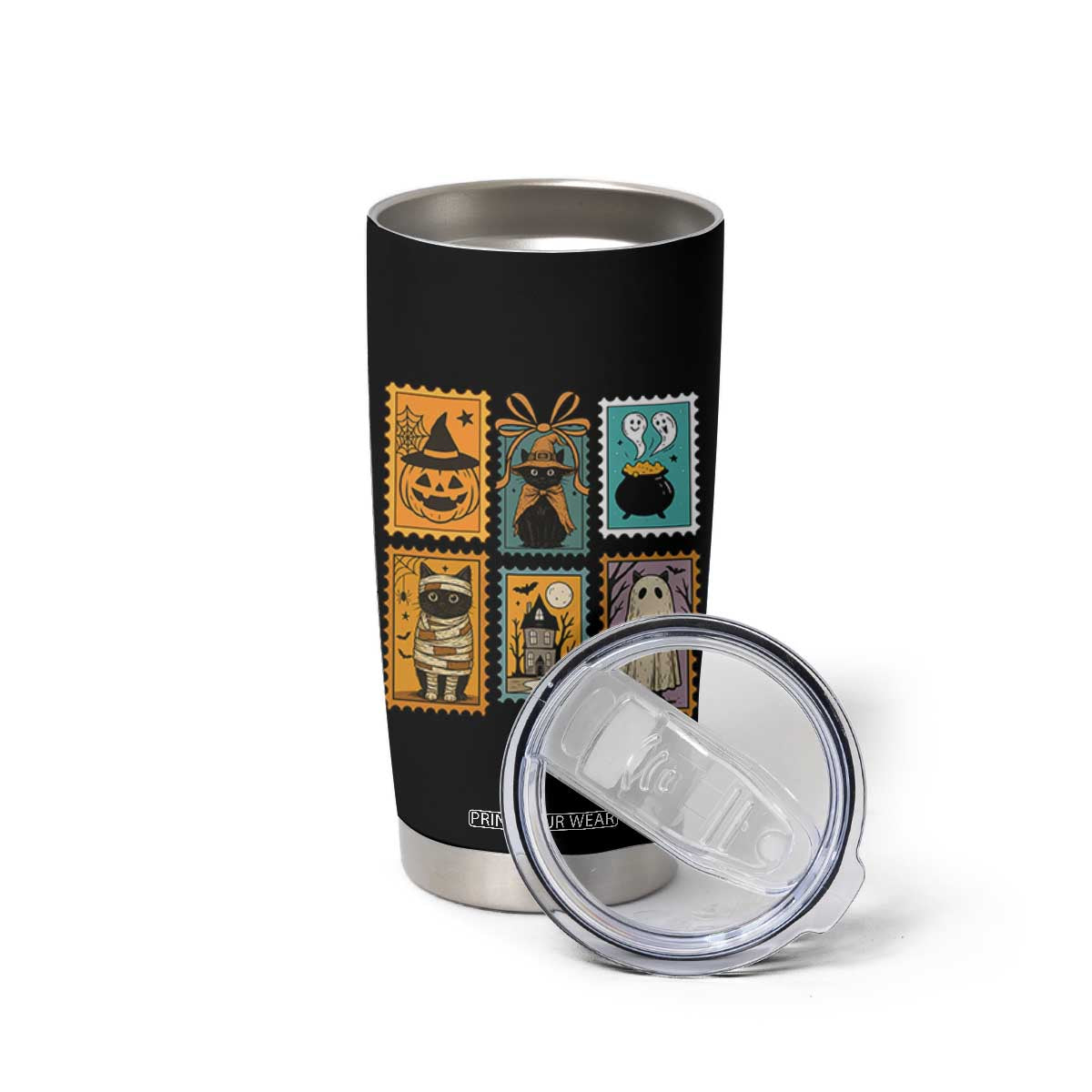 Black Cat Pumpkin Tumbler Cup Retro Halloween Ghots Cat Stamp TS10 Print Your Wear