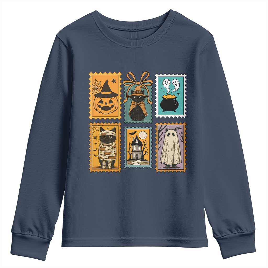 Black Cat Pumpkin Youth Sweatshirt Retro Halloween Ghots Cat Stamp TS10 Navy Print Your Wear