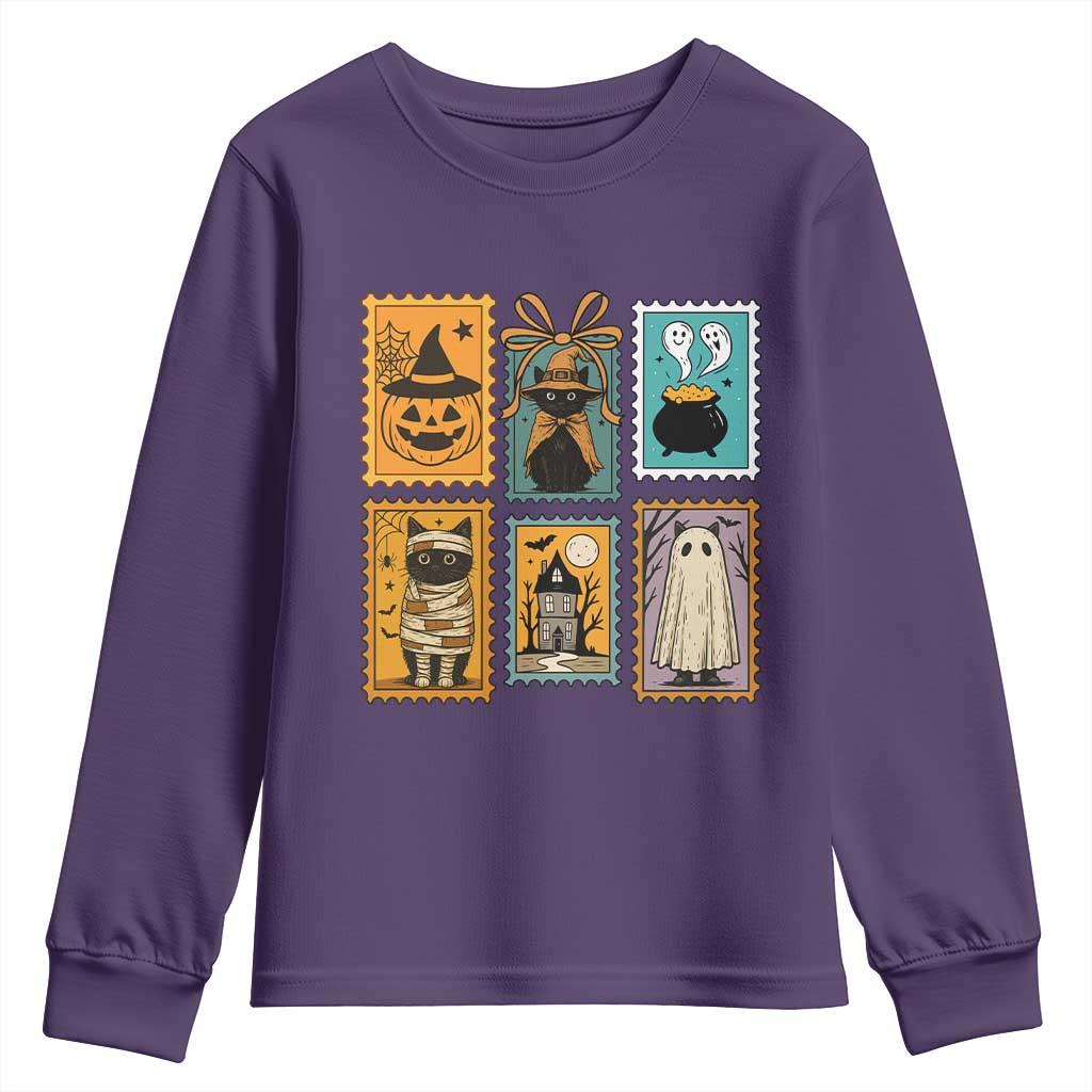 Black Cat Pumpkin Youth Sweatshirt Retro Halloween Ghots Cat Stamp TS10 Purple Print Your Wear