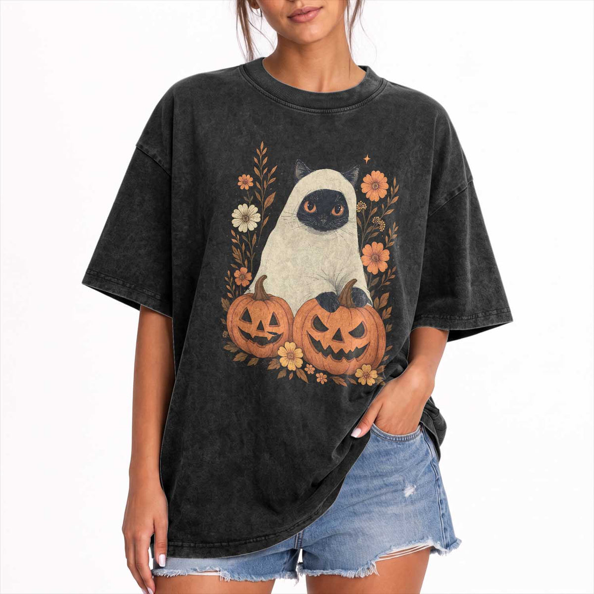 Vintage Halloween Ghost Cat Washed Cotton T-Shirt Groovy Floral Cute Black Cat Ghost Fall Pumpkin TS10 Print Your Wear