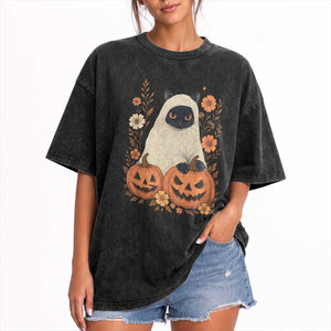 Vintage Halloween Ghost Cat Washed Cotton T-Shirt Groovy Floral Cute Black Cat Ghost Fall Pumpkin TS10 Print Your Wear