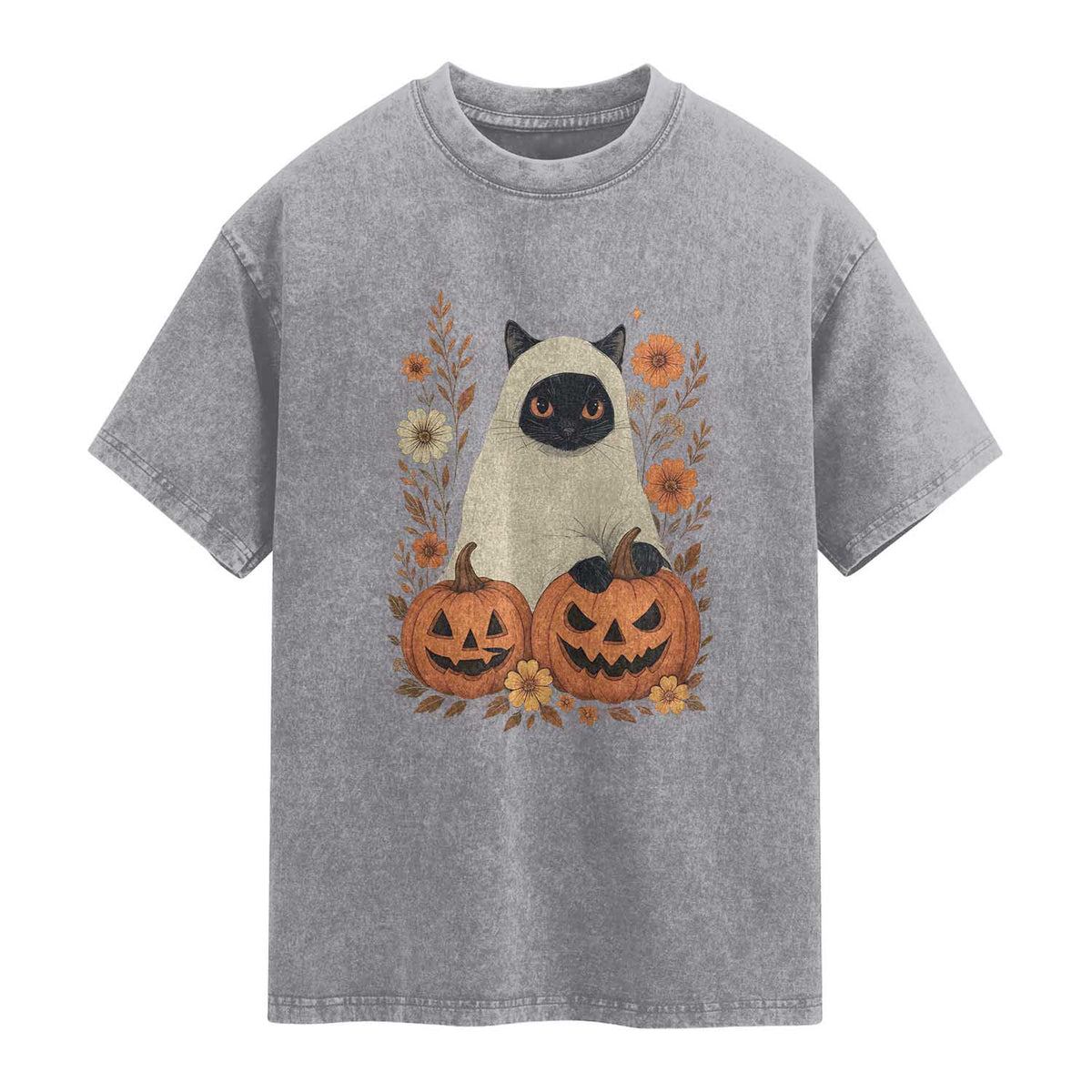 Vintage Halloween Ghost Cat Washed Cotton T-Shirt Groovy Floral Cute Black Cat Ghost Fall Pumpkin TS10 Slate Gray Print Your Wear