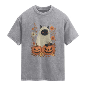 Vintage Halloween Ghost Cat Washed Cotton T-Shirt Groovy Floral Cute Black Cat Ghost Fall Pumpkin TS10 Slate Gray Print Your Wear