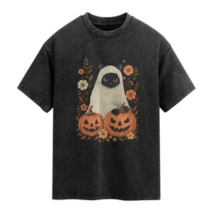 Vintage Halloween Ghost Cat Washed Cotton T-Shirt Groovy Floral Cute Black Cat Ghost Fall Pumpkin TS10 Black Print Your Wear