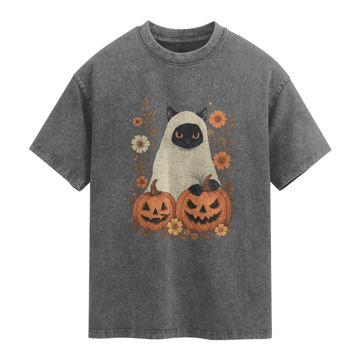 Vintage Halloween Ghost Cat Washed Cotton T-Shirt Groovy Floral Cute Black Cat Ghost Fall Pumpkin TS10 Charcoal Print Your Wear