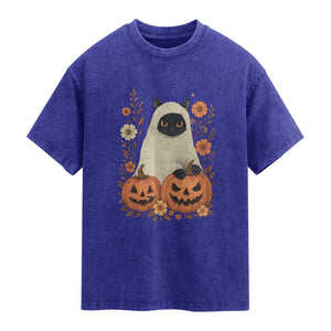 Vintage Halloween Ghost Cat Washed Cotton T-Shirt Groovy Floral Cute Black Cat Ghost Fall Pumpkin TS10 Indigo Blue Print Your Wear