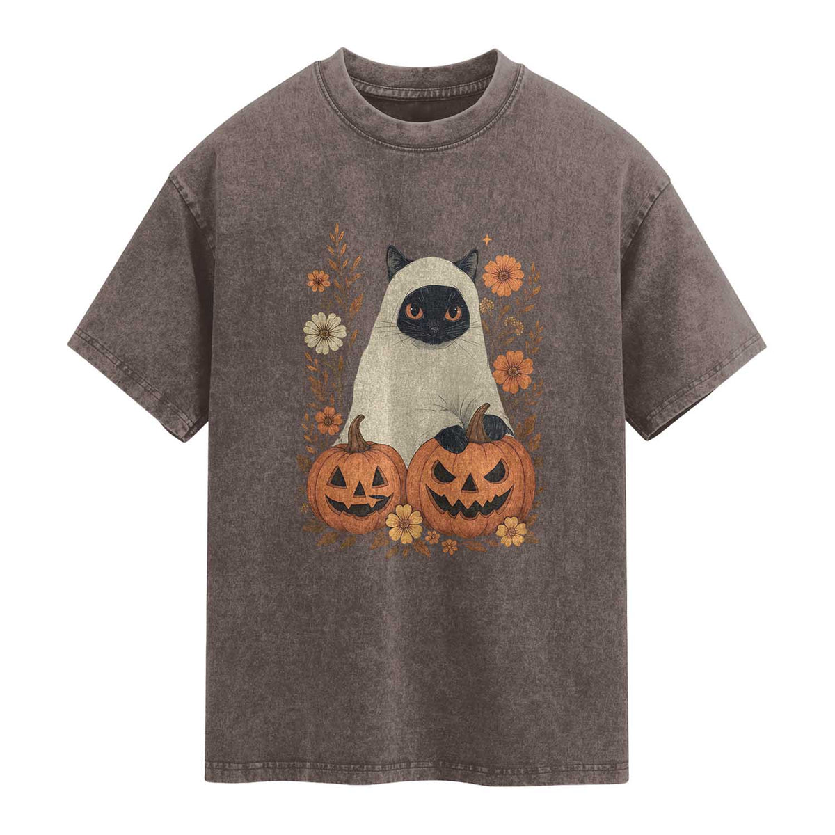 Vintage Halloween Ghost Cat Washed Cotton T-Shirt Groovy Floral Cute Black Cat Ghost Fall Pumpkin TS10 Brown Print Your Wear