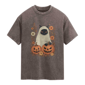 Vintage Halloween Ghost Cat Washed Cotton T-Shirt Groovy Floral Cute Black Cat Ghost Fall Pumpkin TS10 Brown Print Your Wear