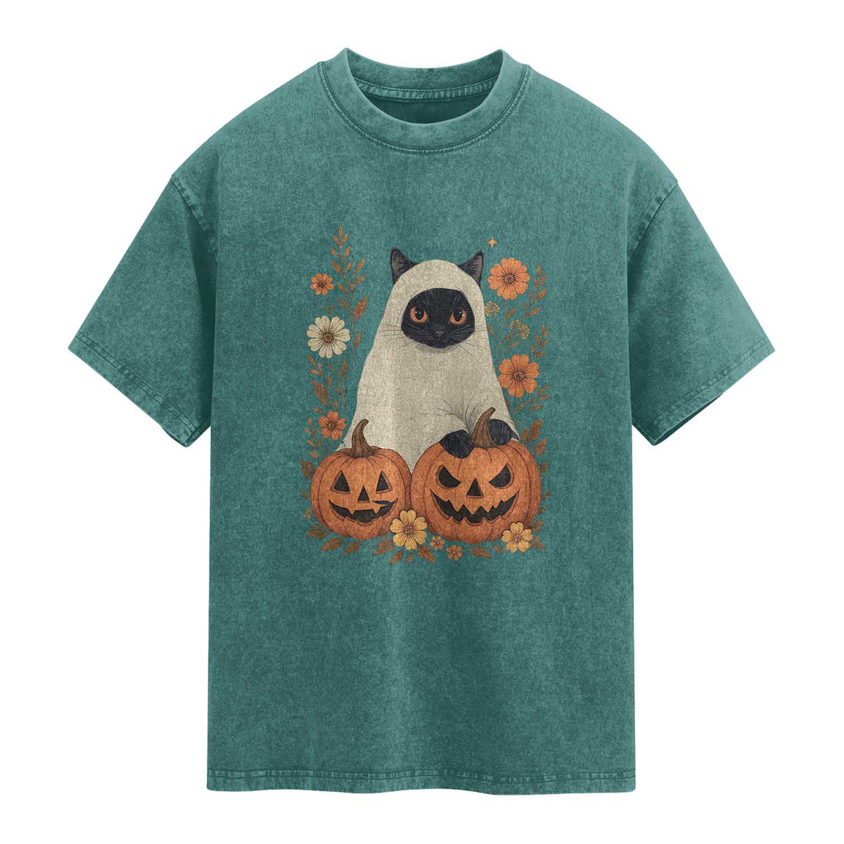 Vintage Halloween Ghost Cat Washed Cotton T-Shirt Groovy Floral Cute Black Cat Ghost Fall Pumpkin TS10 Teal Green Print Your Wear