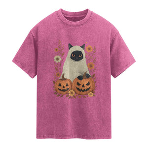 Vintage Halloween Ghost Cat Washed Cotton T-Shirt Groovy Floral Cute Black Cat Ghost Fall Pumpkin TS10 Magenta Print Your Wear