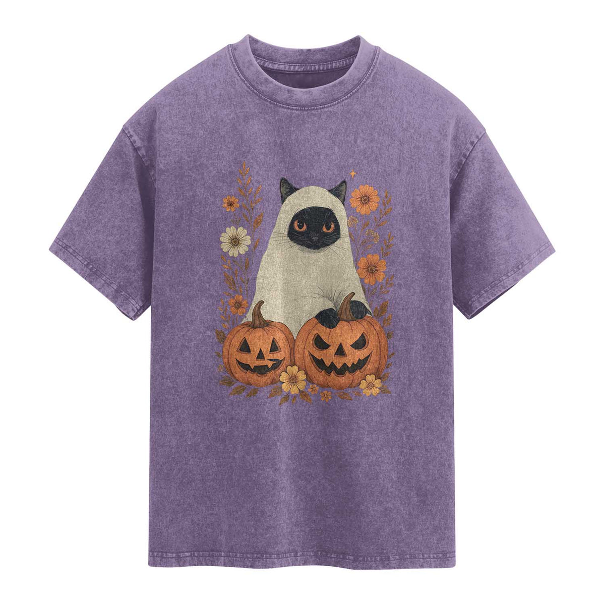 Vintage Halloween Ghost Cat Washed Cotton T-Shirt Groovy Floral Cute Black Cat Ghost Fall Pumpkin TS10 Purple Print Your Wear