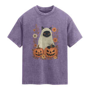 Vintage Halloween Ghost Cat Washed Cotton T-Shirt Groovy Floral Cute Black Cat Ghost Fall Pumpkin TS10 Purple Print Your Wear
