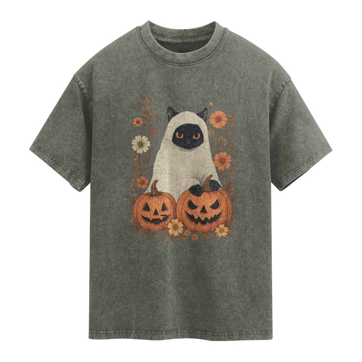 Vintage Halloween Ghost Cat Washed Cotton T-Shirt Groovy Floral Cute Black Cat Ghost Fall Pumpkin TS10 Olive Green Print Your Wear