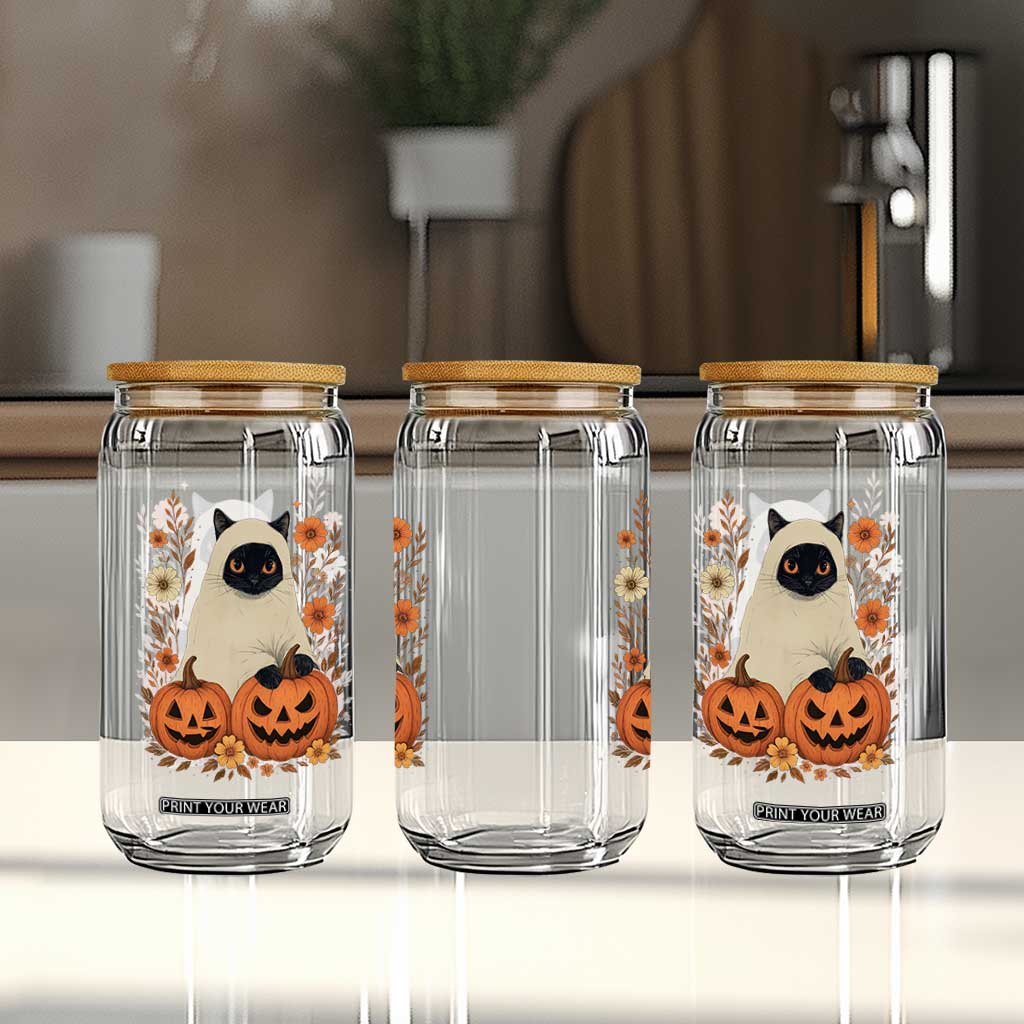 Vintage Halloween Ghost Cat Glass Can Groovy Floral Cute Black Cat Ghost Fall Pumpkin TS10 Print Your Wear