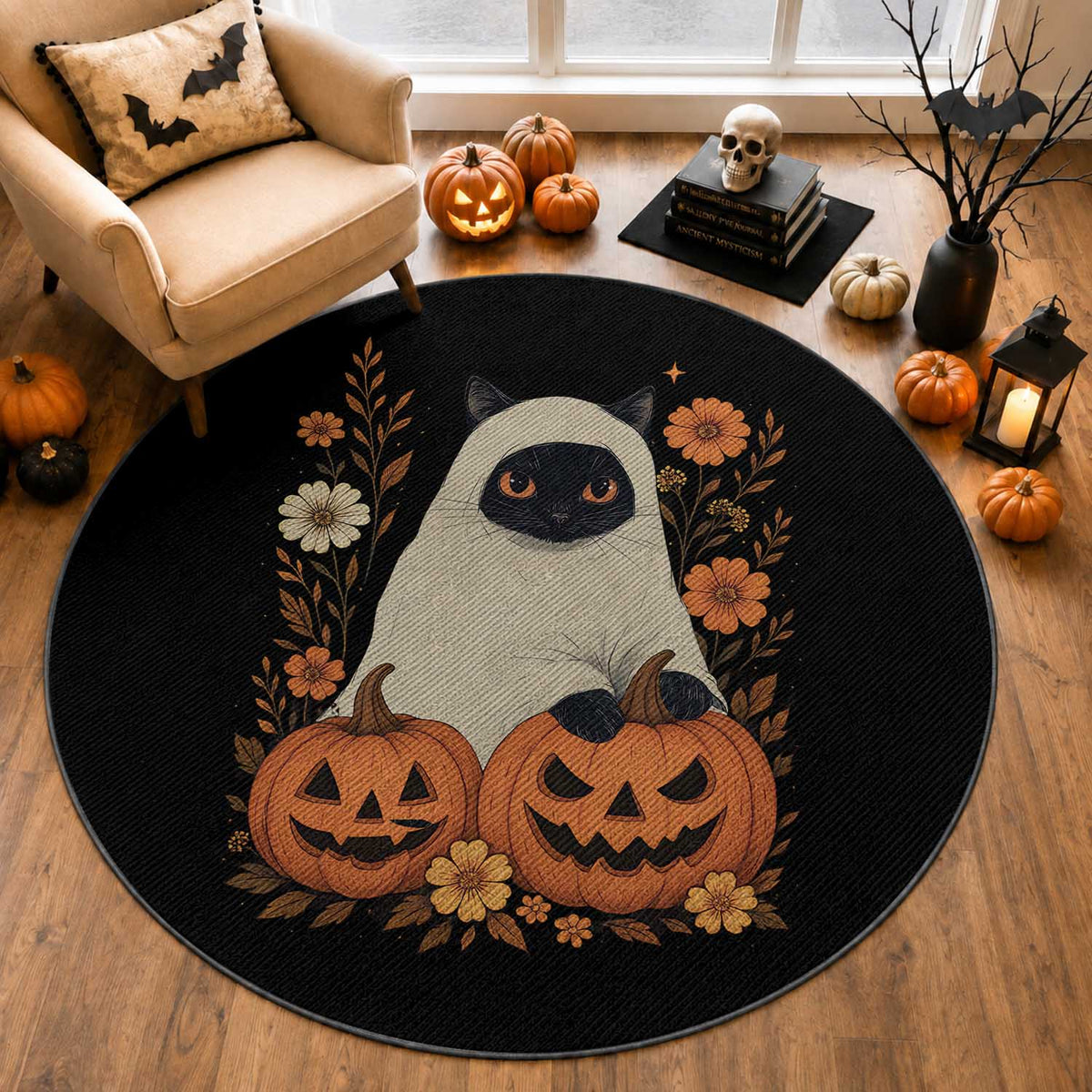 Vintage Halloween Ghost Cat Round Rug Groovy Floral Cute Black Cat Ghost Fall Pumpkin
