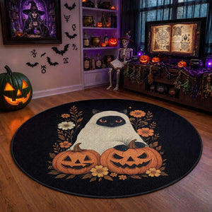 Vintage Halloween Ghost Cat Round Rug Groovy Floral Cute Black Cat Ghost Fall Pumpkin