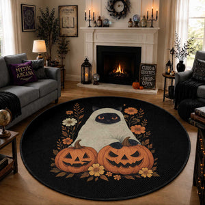Vintage Halloween Ghost Cat Round Rug Groovy Floral Cute Black Cat Ghost Fall Pumpkin