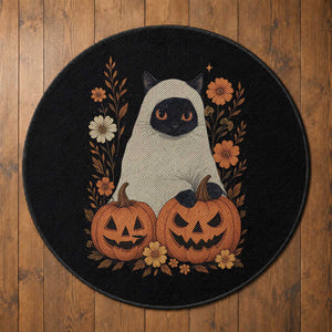 Vintage Halloween Ghost Cat Round Rug Groovy Floral Cute Black Cat Ghost Fall Pumpkin