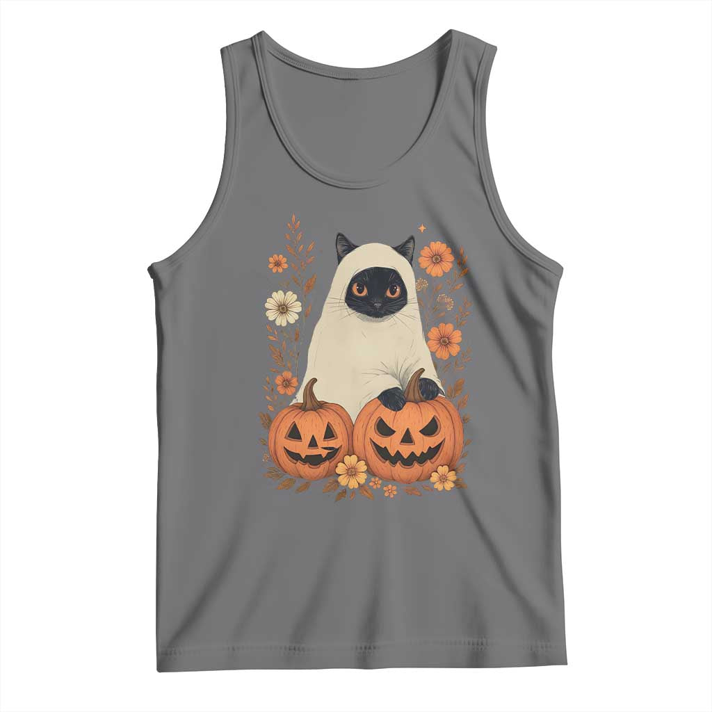 Vintage Halloween Ghost Cat Tank Top Groovy Floral Cute Black Cat Ghost Fall Pumpkin TS10 Black Heather Print Your Wear