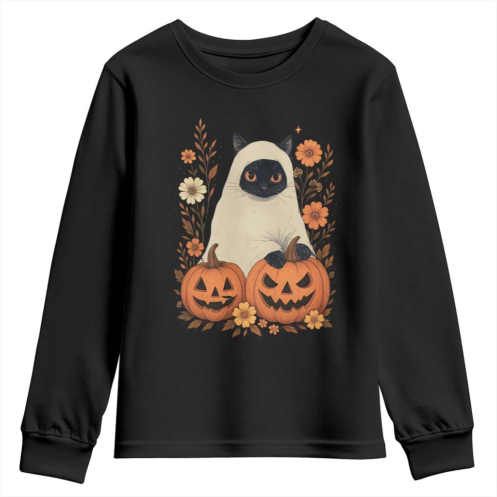 Vintage Halloween Ghost Cat Youth Sweatshirt Groovy Floral Cute Black Cat Ghost Fall Pumpkin TS10 Black Print Your Wear