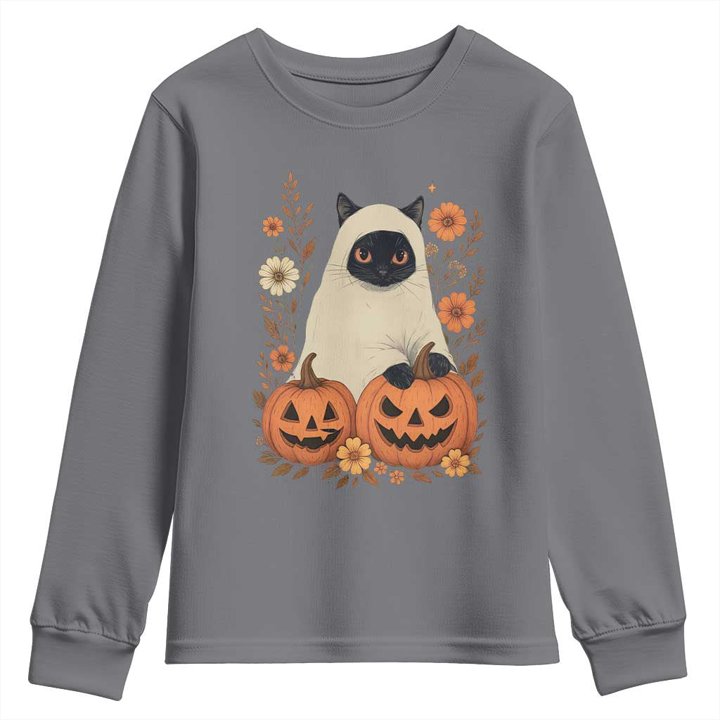 Vintage Halloween Ghost Cat Youth Sweatshirt Groovy Floral Cute Black Cat Ghost Fall Pumpkin TS10 Charcoal Print Your Wear