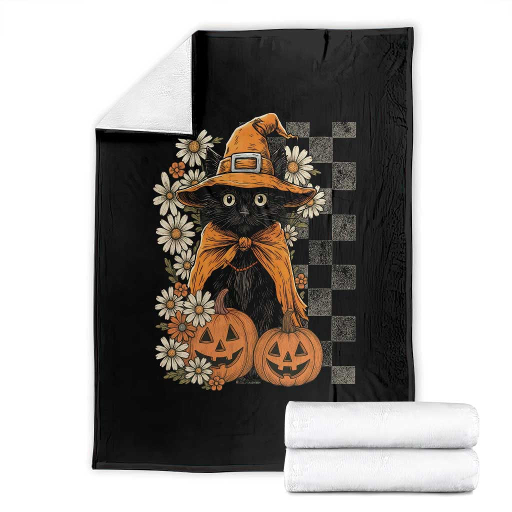 Boho Cat Wild Flowers Throw Blanket Vintage Autumn Cozy Black Cat Pumpkin Halloween TS10 Black Print Your Wear