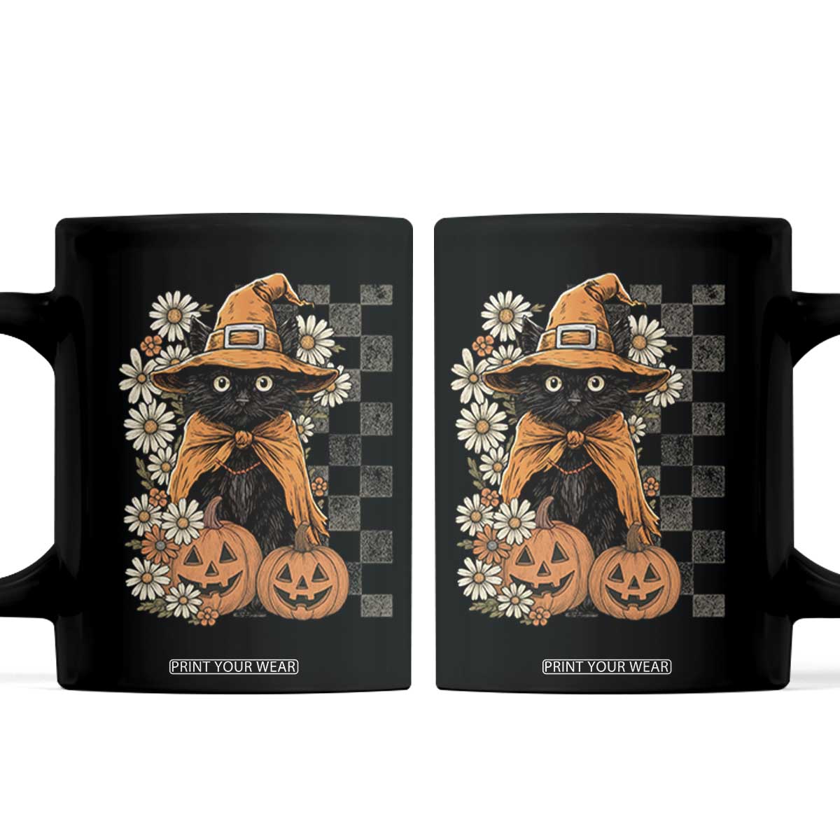 Boho Cat Wild Flowers Coffee Mug Vintage Autumn Cozy Black Cat Pumpkin Halloween TS10 Black Print Your Wear