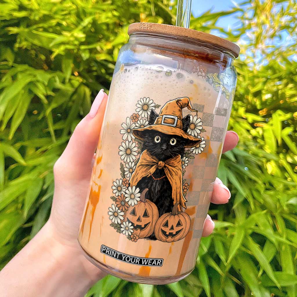 Boho Cat Wild Flowers Glass Can Vintage Autumn Cozy Black Cat Pumpkin Halloween TS10 Black Print Your Wear