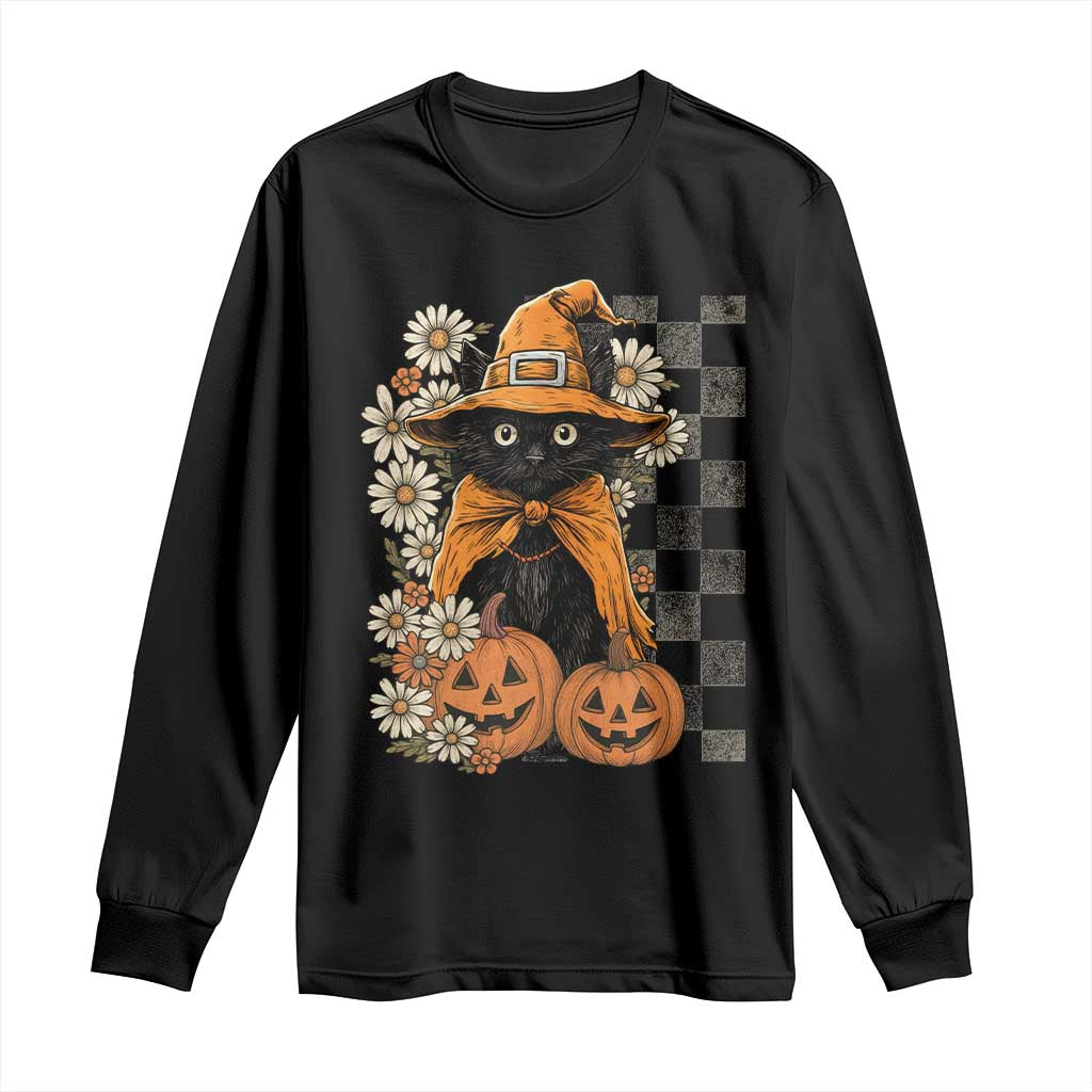 Boho Cat Wild Flowers Long Sleeve Shirt Vintage Autumn Cozy Black Cat Pumpkin Halloween TS10 Black Print Your Wear