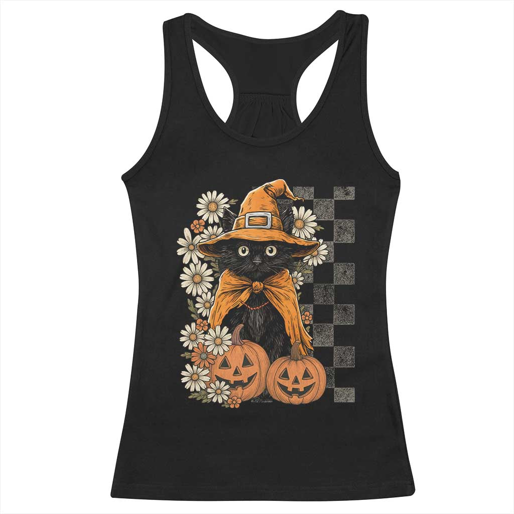 Boho Cat Wild Flowers Racerback Tank Top Vintage Autumn Cozy Black Cat Pumpkin Halloween TS10 Black Print Your Wear