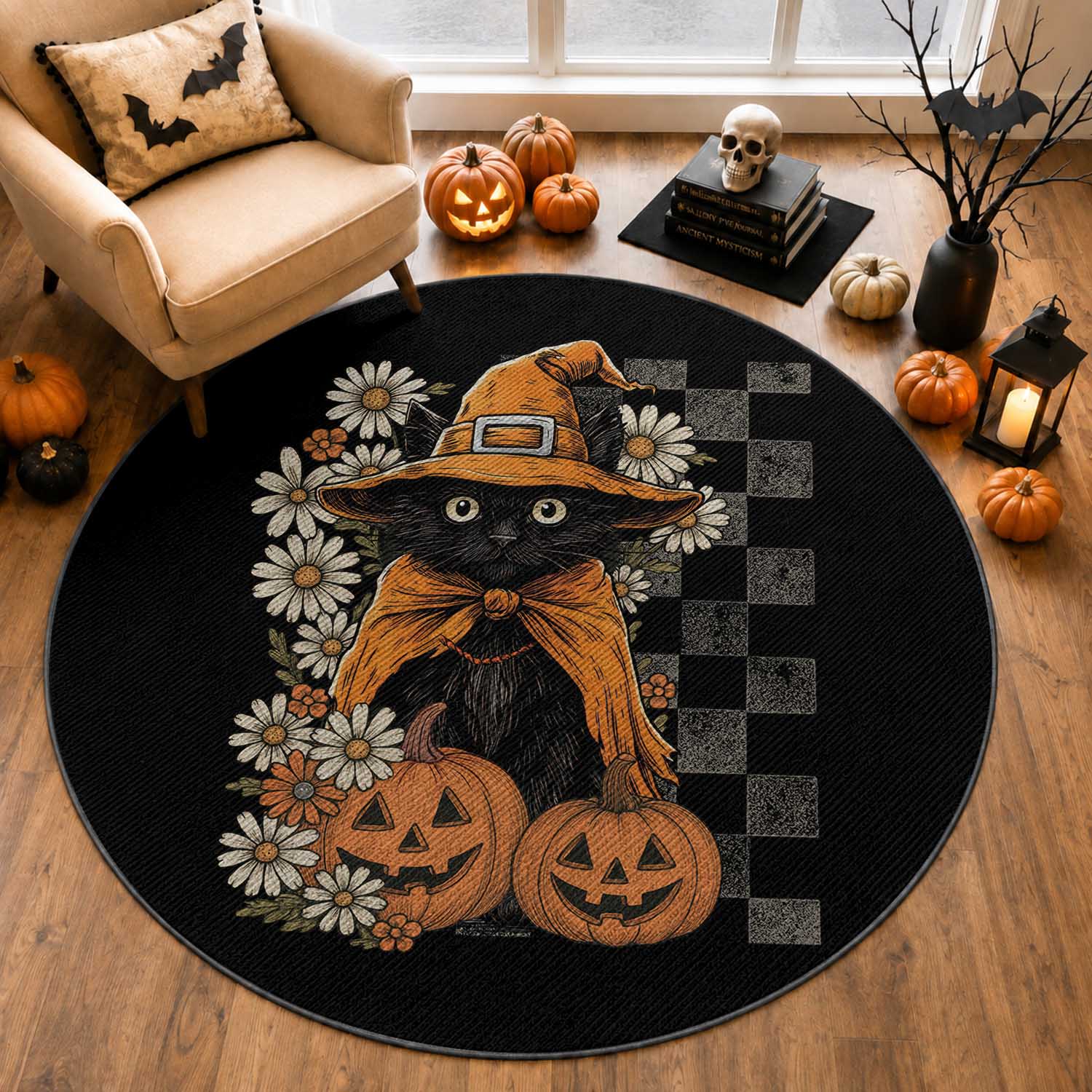 Boho Cat Wild Flowers Round Rug Vintage Autumn Cozy Black Cat Pumpkin Halloween