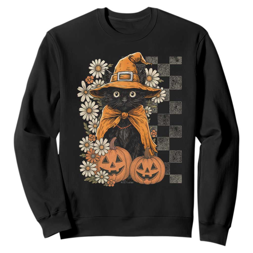 Boho Cat Wild Flowers Sweatshirt Vintage Autumn Cozy Black Cat Pumpkin Halloween TS10 Black Print Your Wear