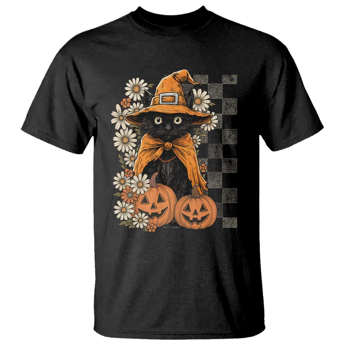 Boho Cat Wild Flowers T Shirt Vintage Autumn Cozy Black Cat Pumpkin Halloween TS10 Black Print Your Wear